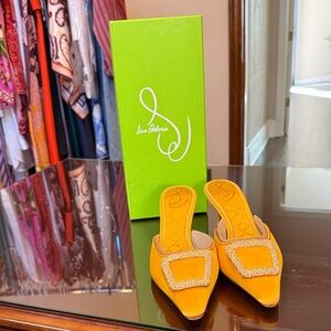 Sam Edelman Bright Yellow Suede Slip-On Mules with Crystal Buckle